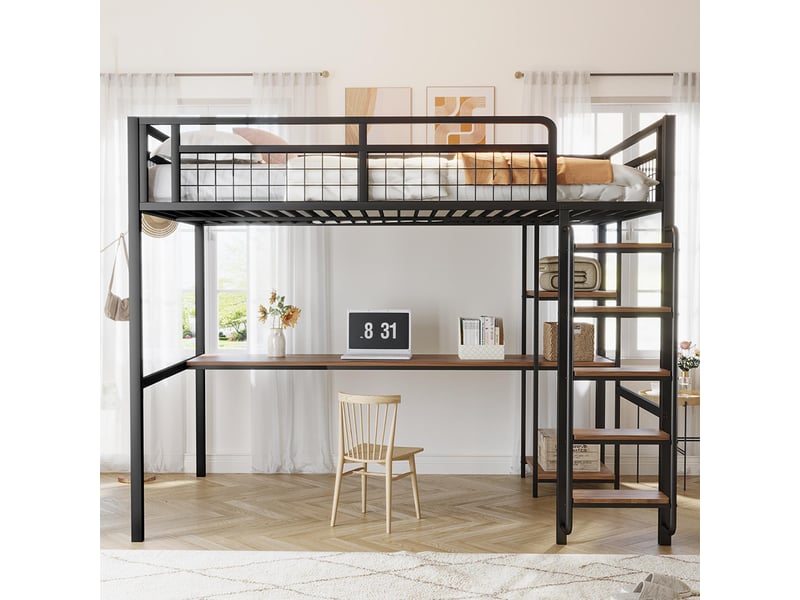 Lit Mezzanine 140x200 Noir – Avec échelle, Rangement, Pour Enfant Ou Adulte, Gain De Place