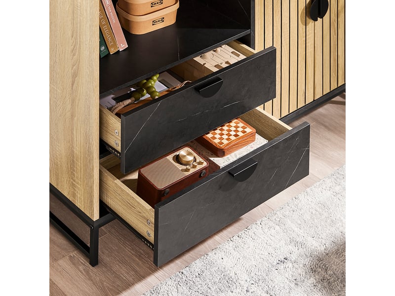 SoBuy Meuble De Rangement Cuisine/buffet 107x40x85cm - Avec Niche Micro-ondes Et Porte-verres - Étaggère Réglable, Pieds Métal, Couleur Chêne/noir - 3