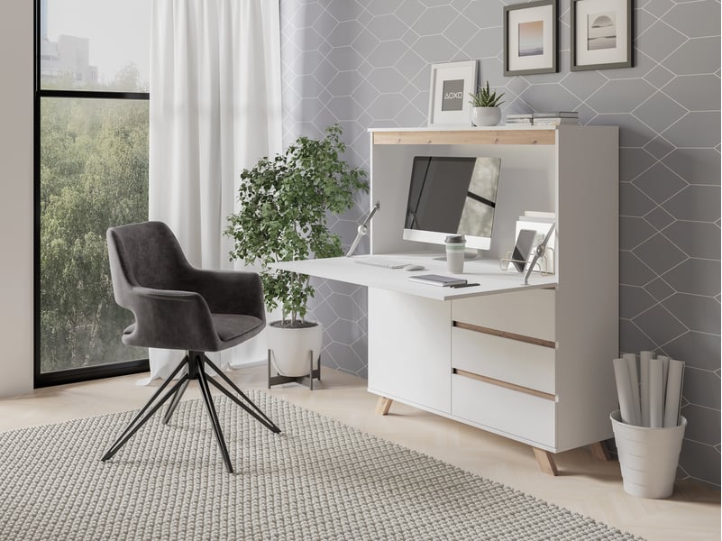 Secrétaire Commode Bureau Stella Trading - Bois, Blanc Mat, 98x124x42 Cm - Avec Tiroirs, Meuble Ordinateur Compact
