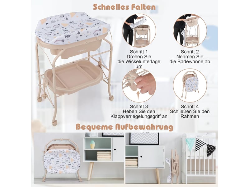 Table à Langer 2-en-1 COSTWAY Avec Baignoire 20L - Pliable, Roulettes, Charge 35kg - Gris